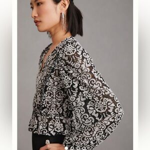 Anthropologie Black V-Neck Jacquard Peasant Peplum Blouse. NWT small